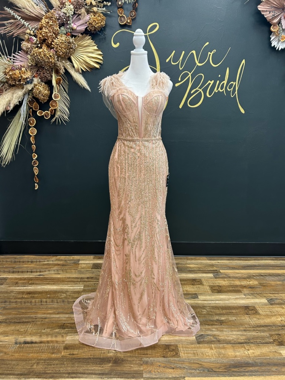 New Fitted Feather Glitter Gown by Cinderella Divine CB087